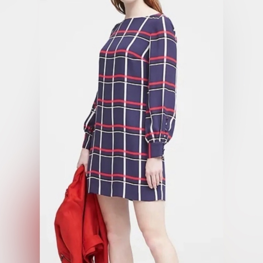 BANANA REPUBLIC Red/white/blue PLAID SHIFT DRESS Sz-8 Button Detail Sleeves NWT